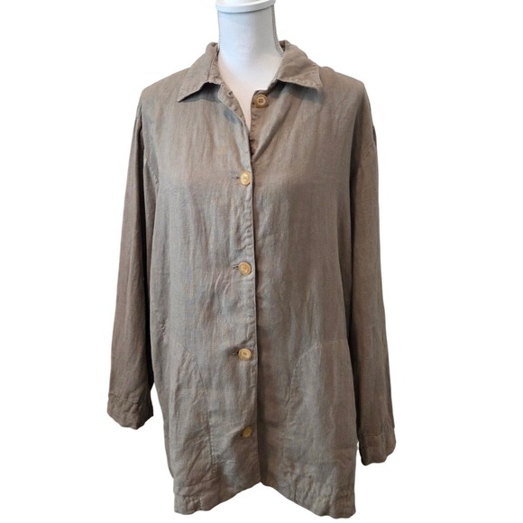 120% Lino Womens 100% Linen Button Up Lined Jacket Taupe Brown44 Made in Italy